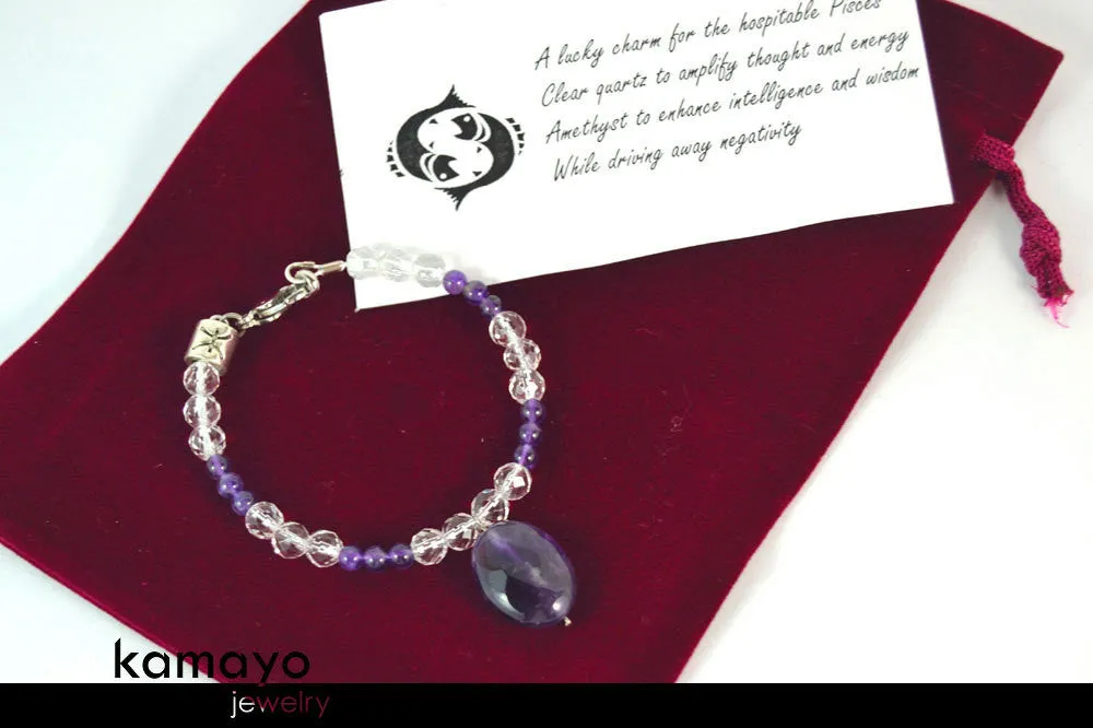 PISCES CHARM BRACELET - Purple Amethyst Pendant and Clear Quartz Beads