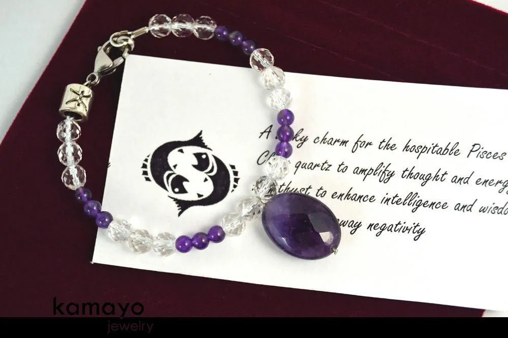 PISCES CHARM BRACELET - Purple Amethyst Pendant and Clear Quartz Beads