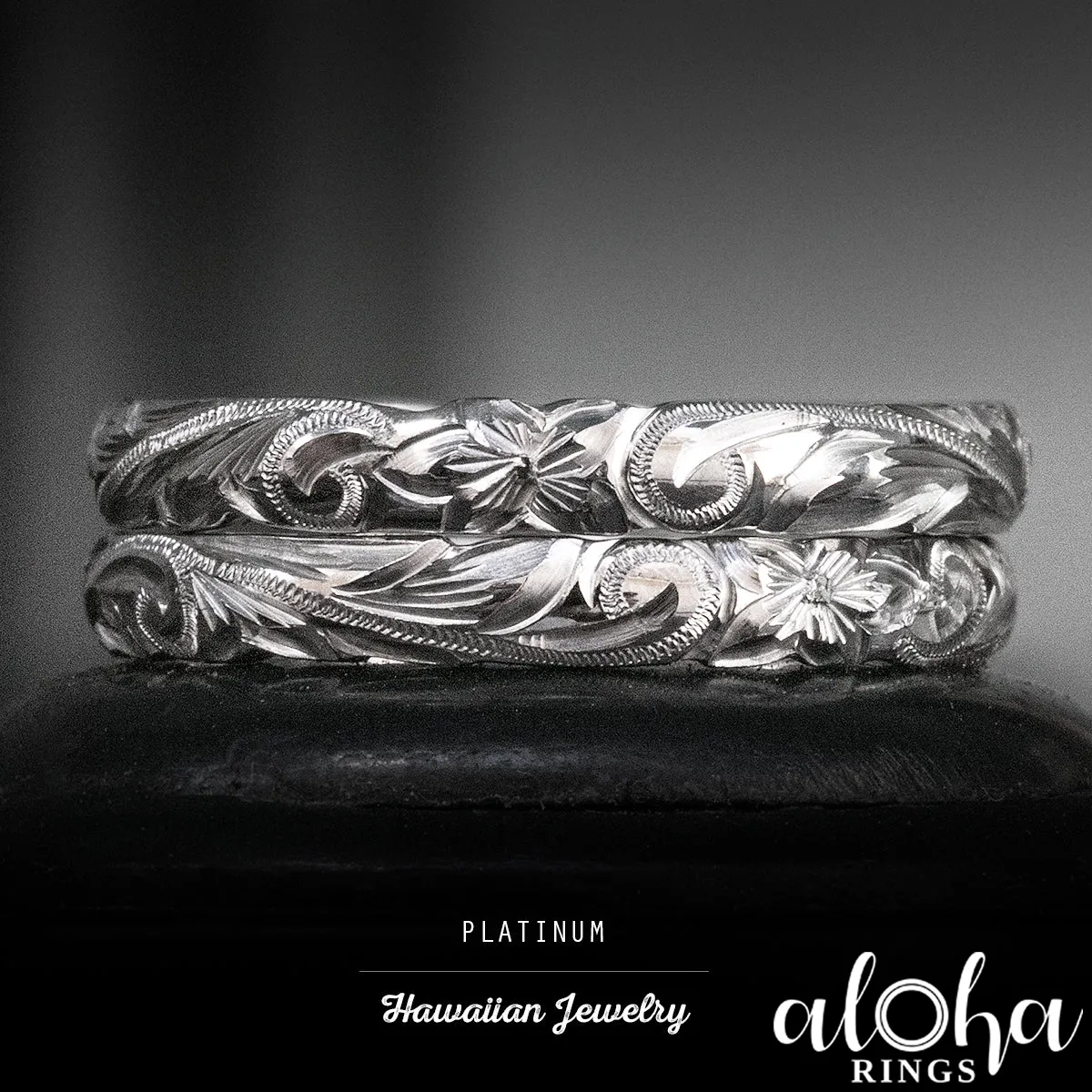 Platinum Hawaiian Jewelry Ring  Hand Engraved 'Old English Design with Cutout Wave Edges - 3mm, Dome Shape, Standard Fitment