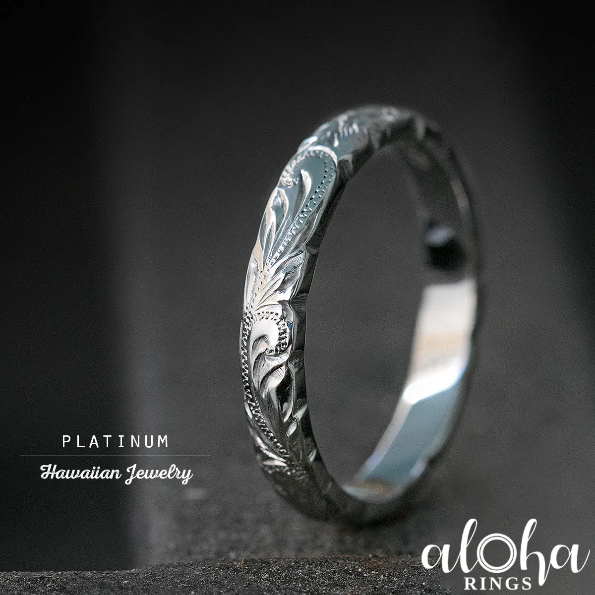 Platinum Hawaiian Jewelry Ring  Hand Engraved 'Old English Design with Cutout Wave Edges - 3mm, Dome Shape, Standard Fitment