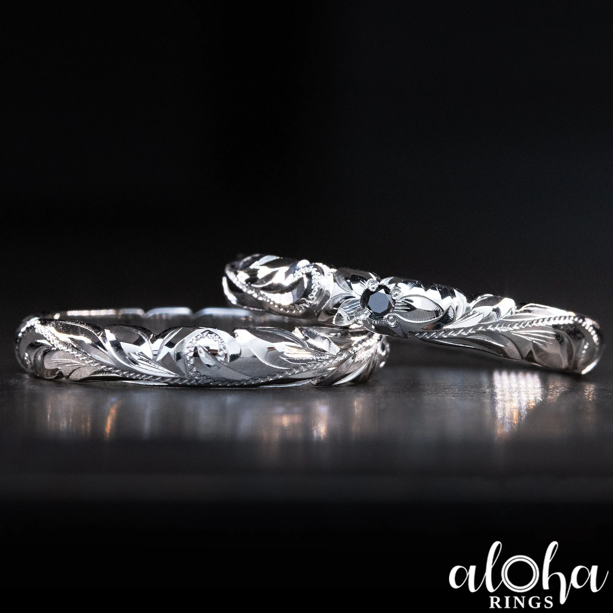Platinum Hawaiian Jewelry Ring  Hand Engraved 'Old English Design with Cutout Wave Edges - 3mm, Dome Shape, Standard Fitment