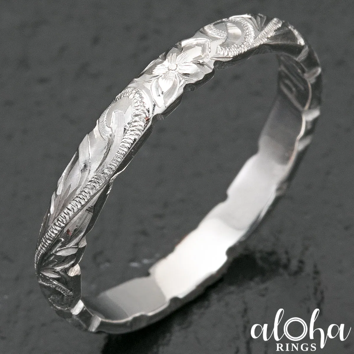 Platinum Hawaiian Jewelry Ring  Hand Engraved 'Old English Design with Cutout Wave Edges - 3mm, Dome Shape, Standard Fitment