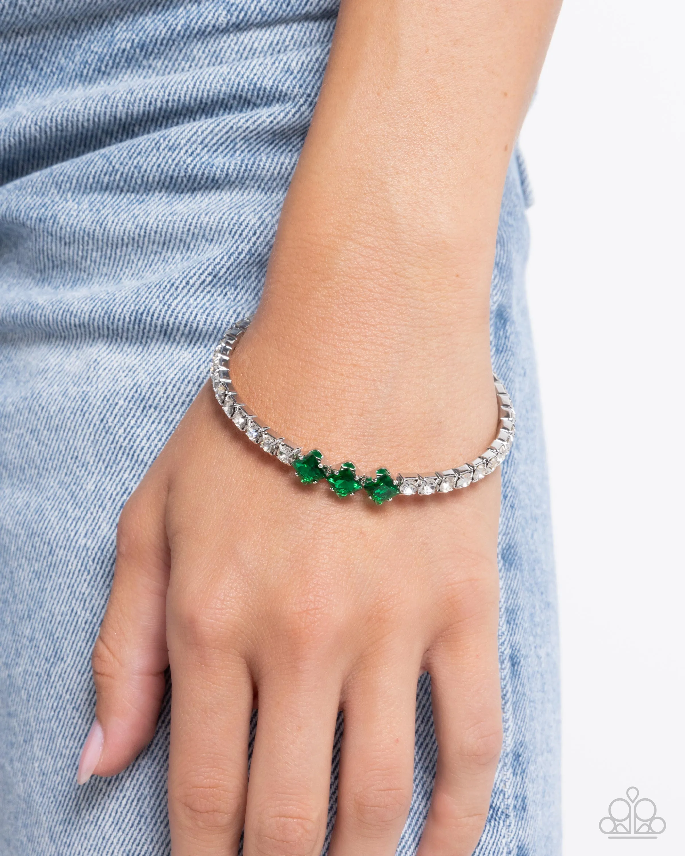 Pointed Production - Green - Square Gem White Rhinestone Paparazzi Flex Cuff Bracelet