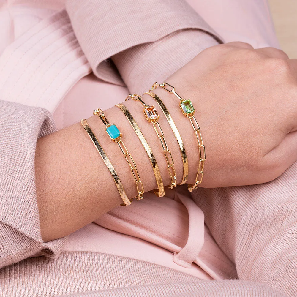 "Personal Touch" Set of Two Emerald Cut Birthstone Clip Chain & Herringbone Layering Bracelets