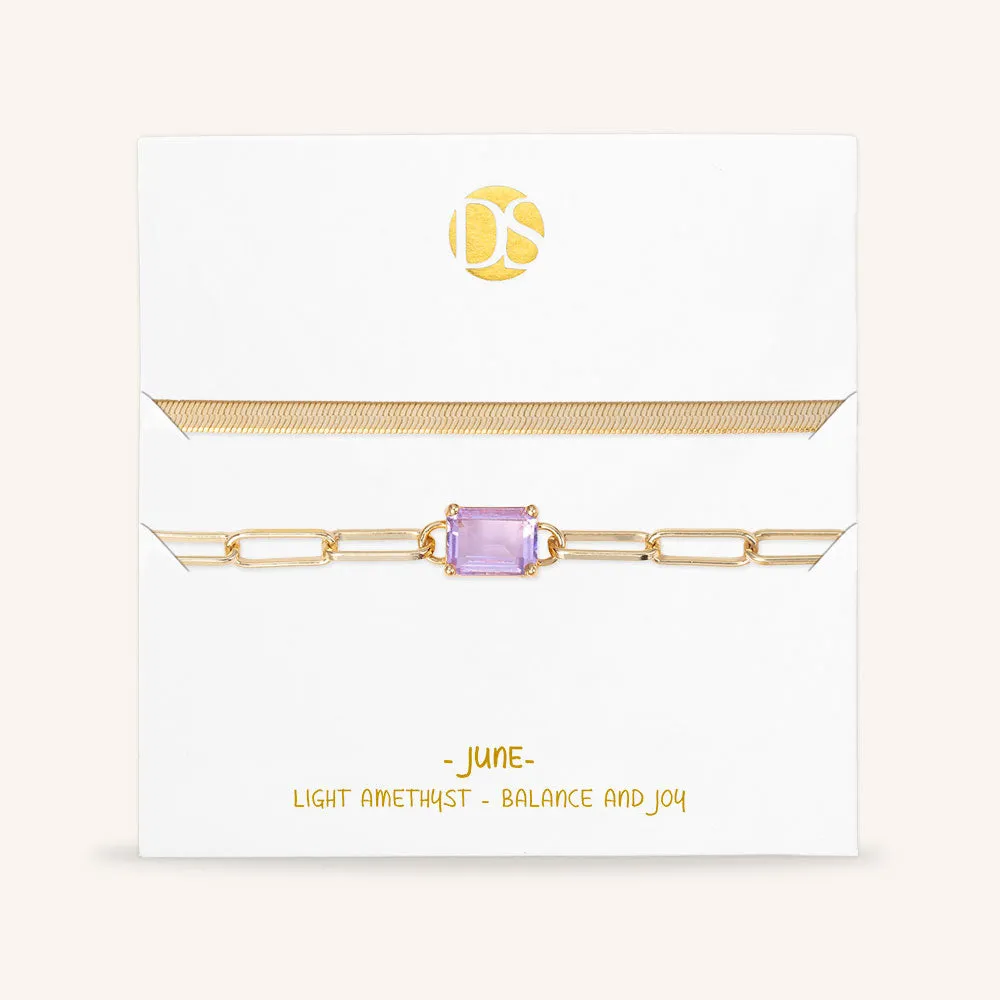 "Personal Touch" Set of Two Emerald Cut Birthstone Clip Chain & Herringbone Layering Bracelets
