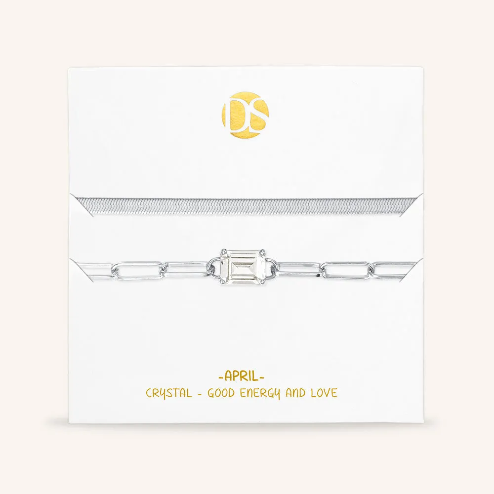 "Personal Touch" Set of Two Emerald Cut Birthstone Clip Chain & Herringbone Layering Bracelets