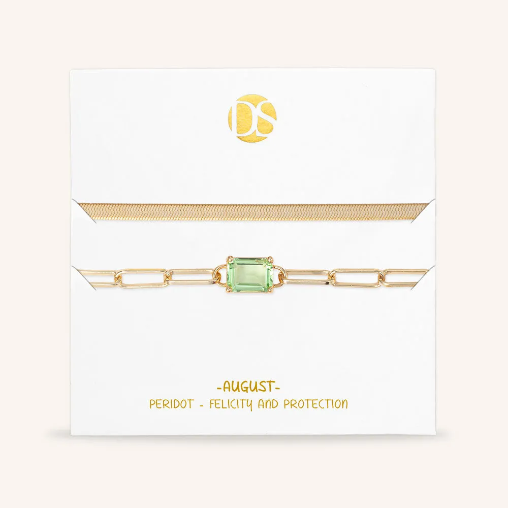 "Personal Touch" Set of Two Emerald Cut Birthstone Clip Chain & Herringbone Layering Bracelets