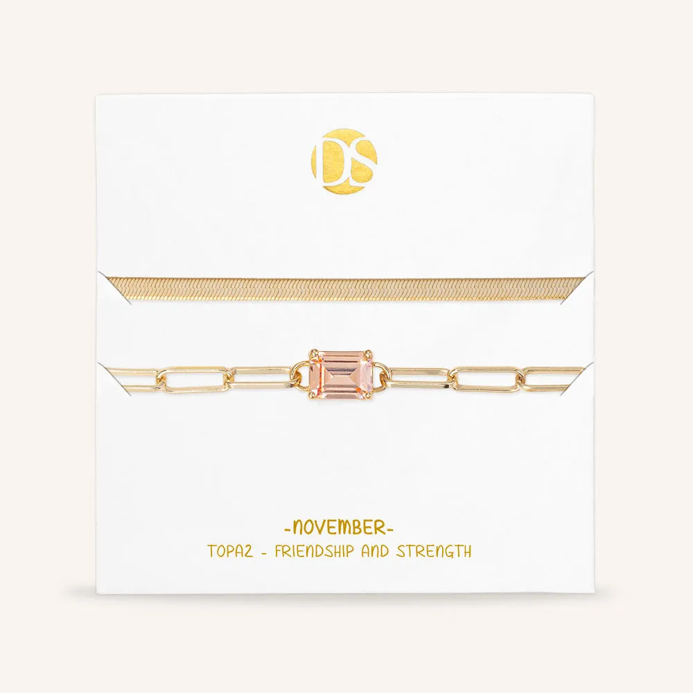 "Personal Touch" Set of Two Emerald Cut Birthstone Clip Chain & Herringbone Layering Bracelets