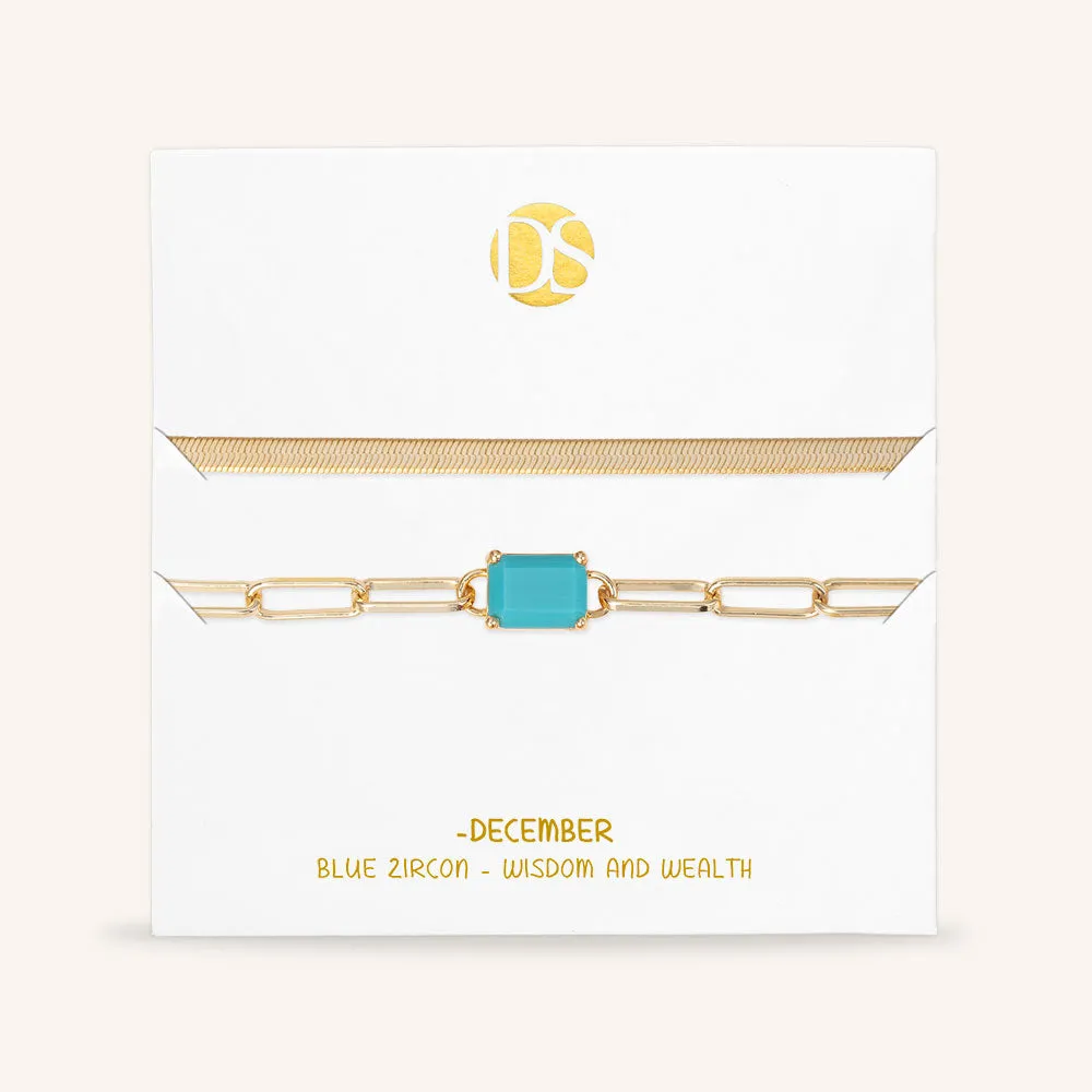 "Personal Touch" Set of Two Emerald Cut Birthstone Clip Chain & Herringbone Layering Bracelets
