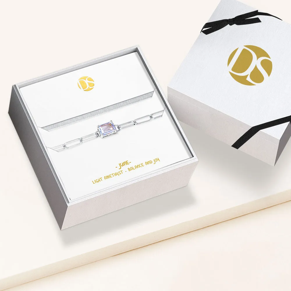 "Personal Touch" Set of Two Emerald Cut Birthstone Clip Chain & Herringbone Layering Bracelets