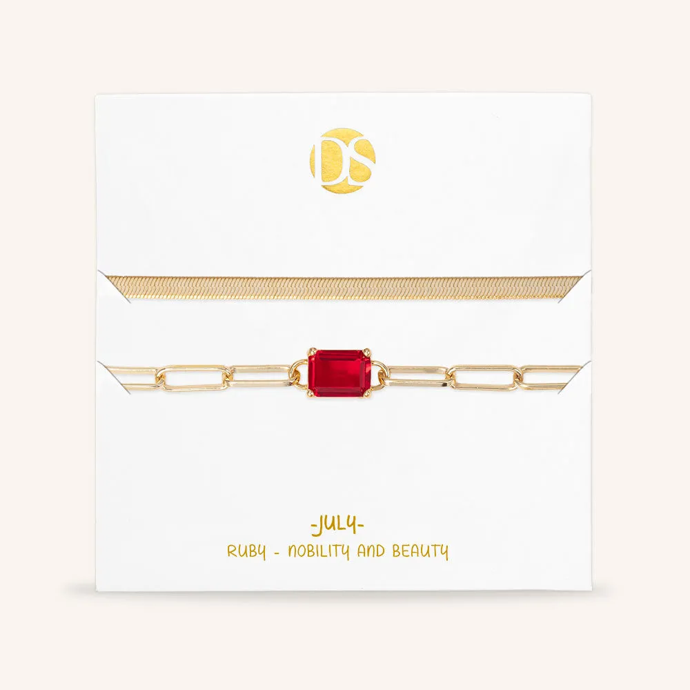 "Personal Touch" Set of Two Emerald Cut Birthstone Clip Chain & Herringbone Layering Bracelets