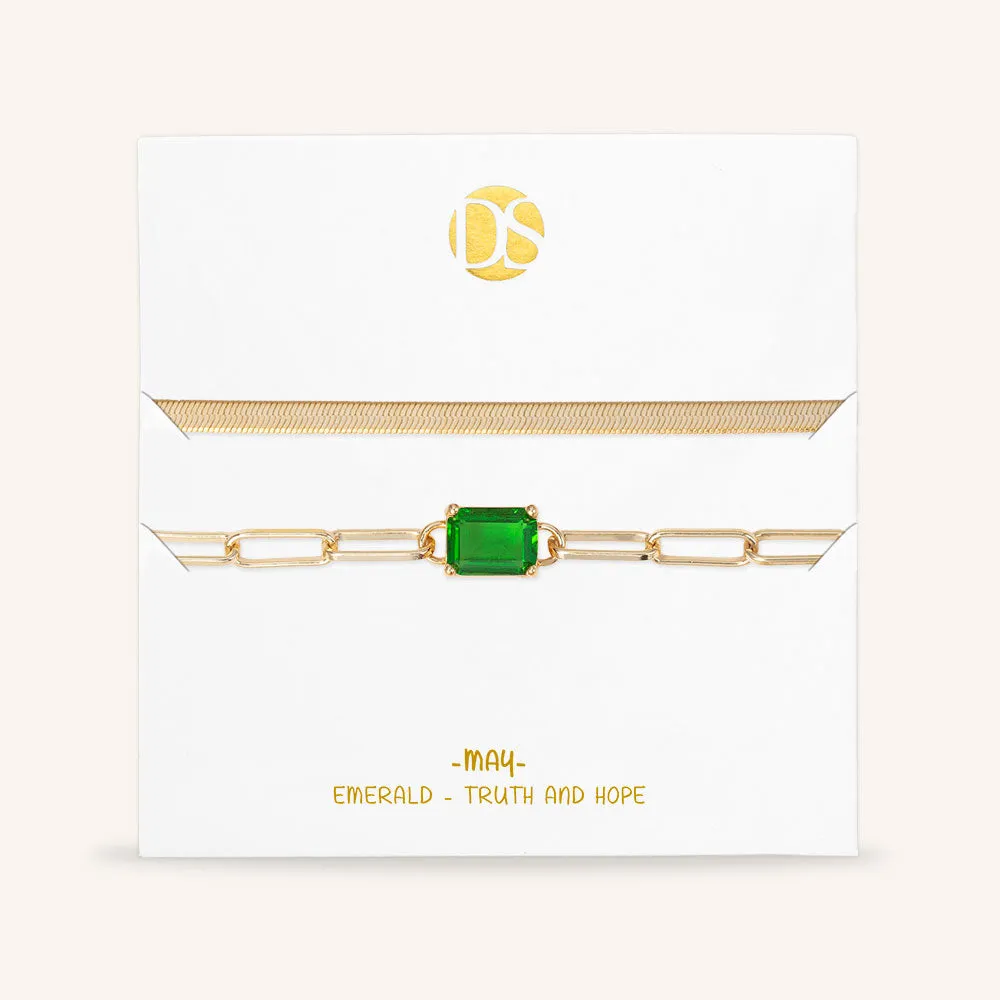 "Personal Touch" Set of Two Emerald Cut Birthstone Clip Chain & Herringbone Layering Bracelets