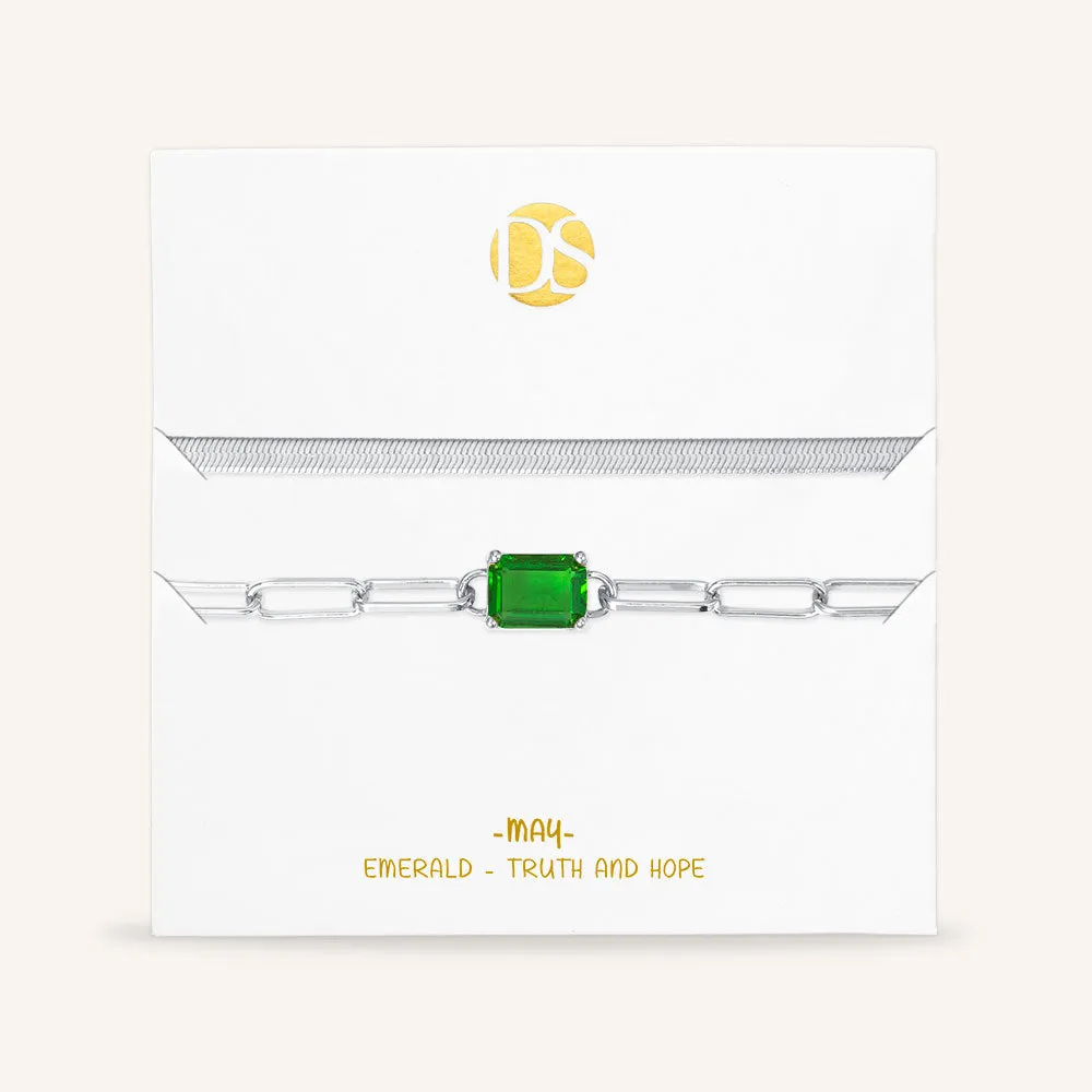 "Personal Touch" Set of Two Emerald Cut Birthstone Clip Chain & Herringbone Layering Bracelets