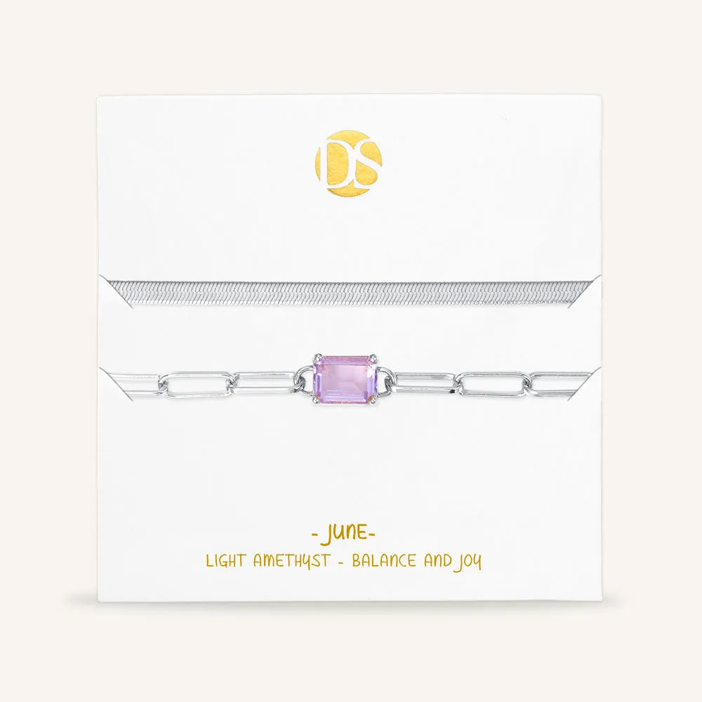 "Personal Touch" Set of Two Emerald Cut Birthstone Clip Chain & Herringbone Layering Bracelets