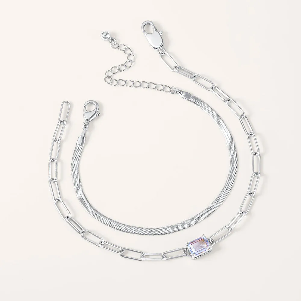 "Personal Touch" Set of Two Emerald Cut Birthstone Clip Chain & Herringbone Layering Bracelets