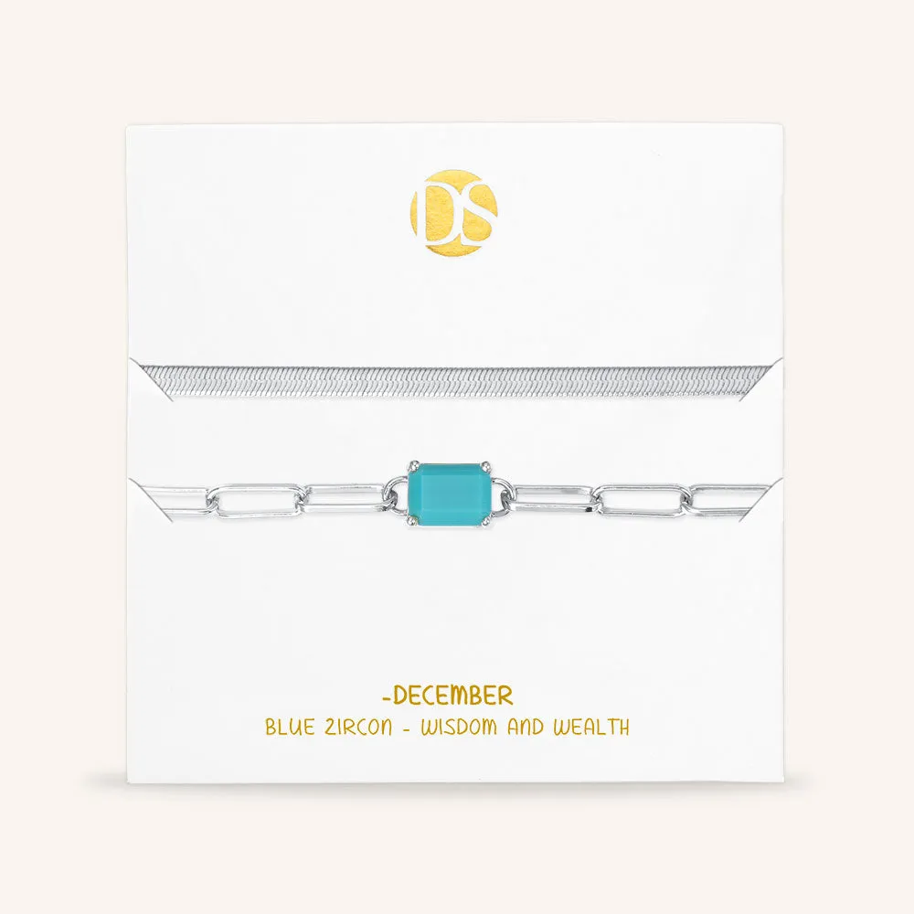 "Personal Touch" Set of Two Emerald Cut Birthstone Clip Chain & Herringbone Layering Bracelets