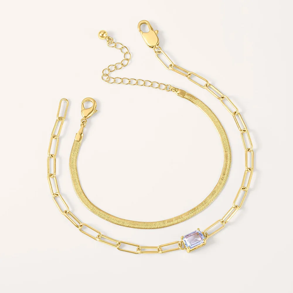 "Personal Touch" Set of Two Emerald Cut Birthstone Clip Chain & Herringbone Layering Bracelets