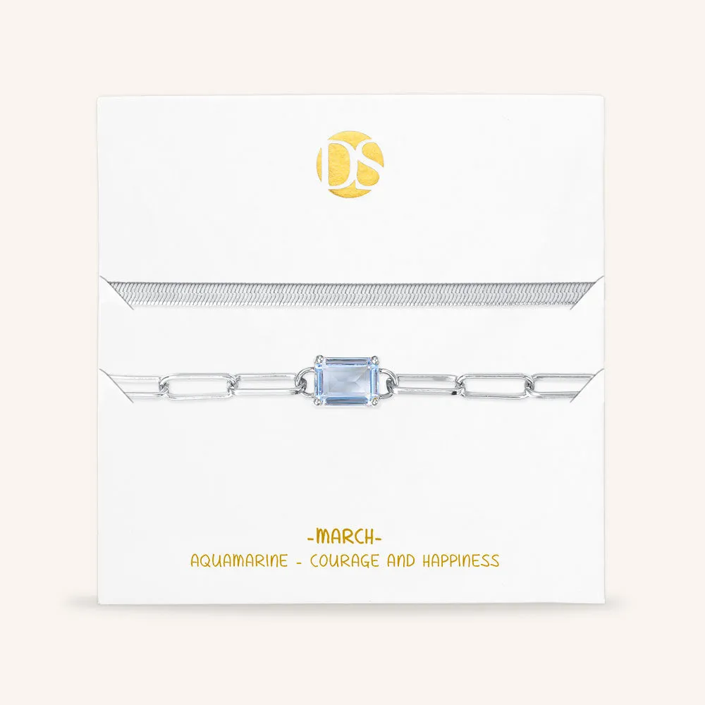 "Personal Touch" Set of Two Emerald Cut Birthstone Clip Chain & Herringbone Layering Bracelets