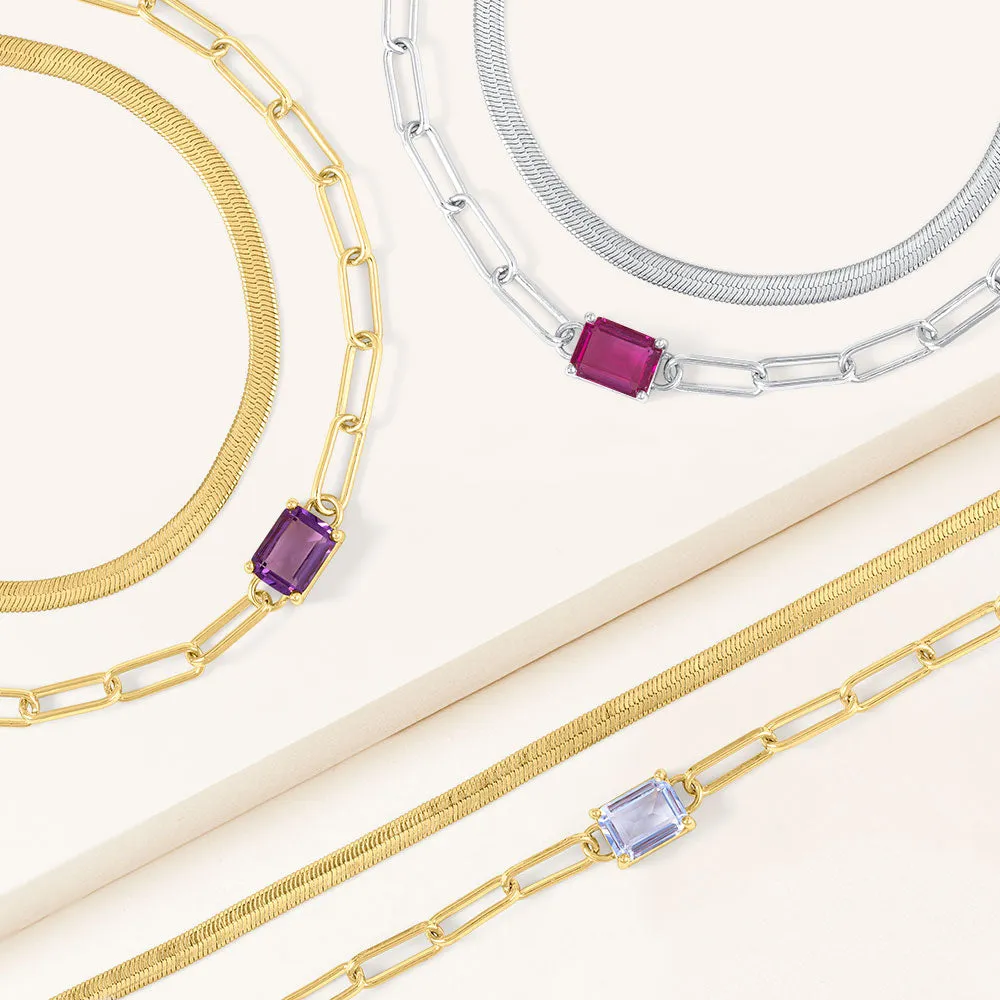 "Personal Touch" Set of Two Emerald Cut Birthstone Clip Chain & Herringbone Layering Bracelets