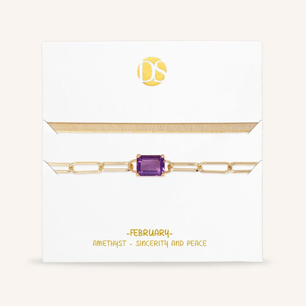 "Personal Touch" Set of Two Emerald Cut Birthstone Clip Chain & Herringbone Layering Bracelets