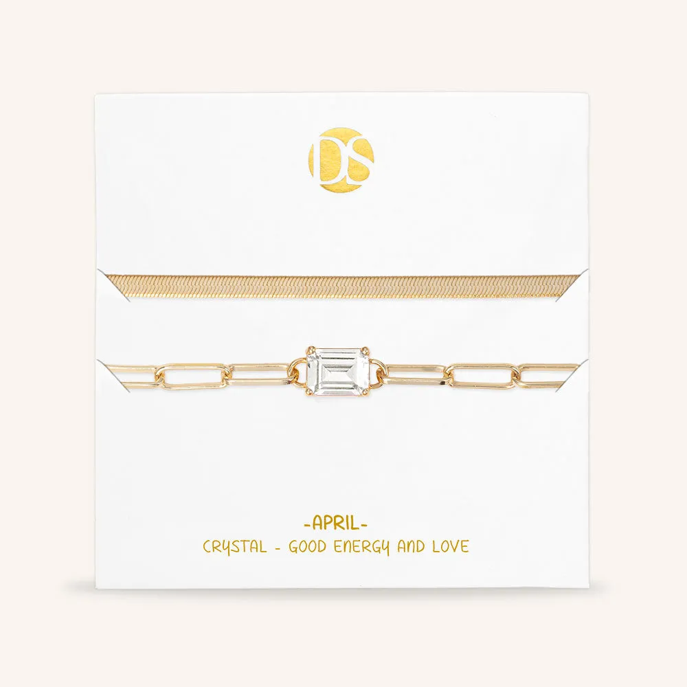 "Personal Touch" Set of Two Emerald Cut Birthstone Clip Chain & Herringbone Layering Bracelets