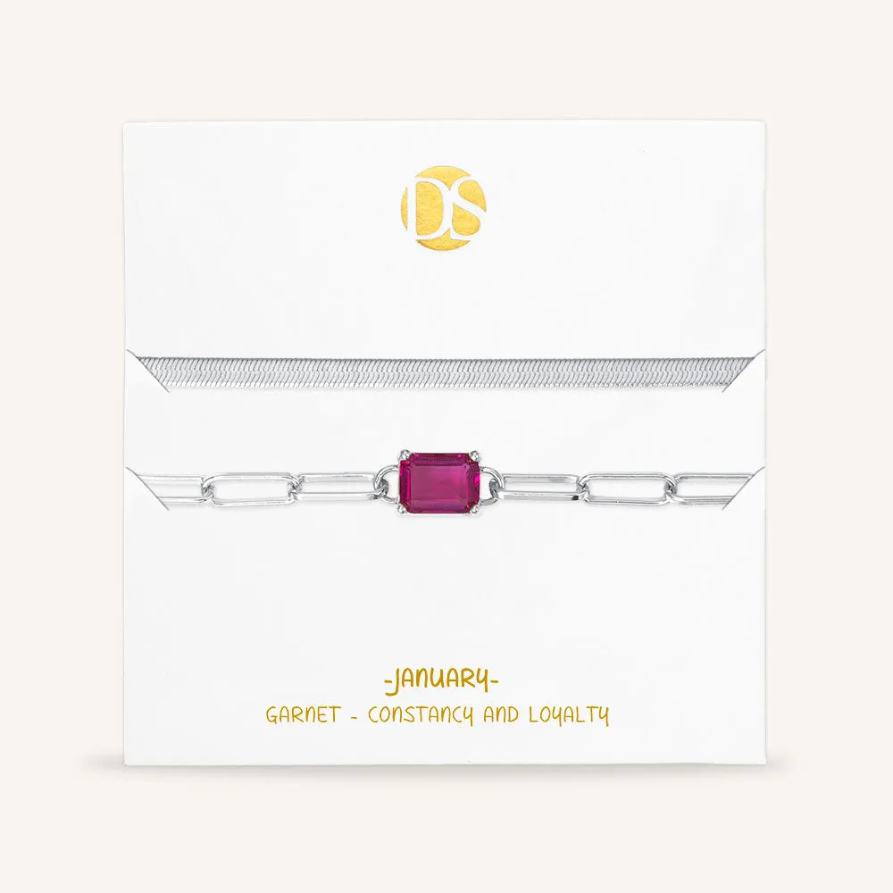 "Personal Touch" Set of Two Emerald Cut Birthstone Clip Chain & Herringbone Layering Bracelets