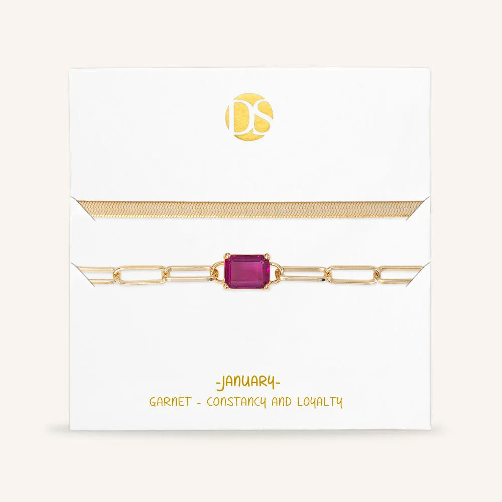 "Personal Touch" Set of Two Emerald Cut Birthstone Clip Chain & Herringbone Layering Bracelets