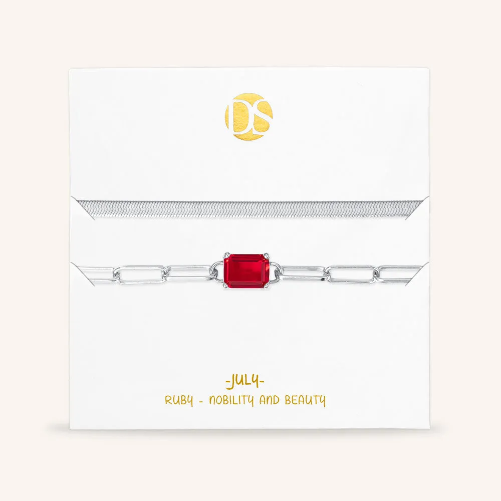 "Personal Touch" Set of Two Emerald Cut Birthstone Clip Chain & Herringbone Layering Bracelets