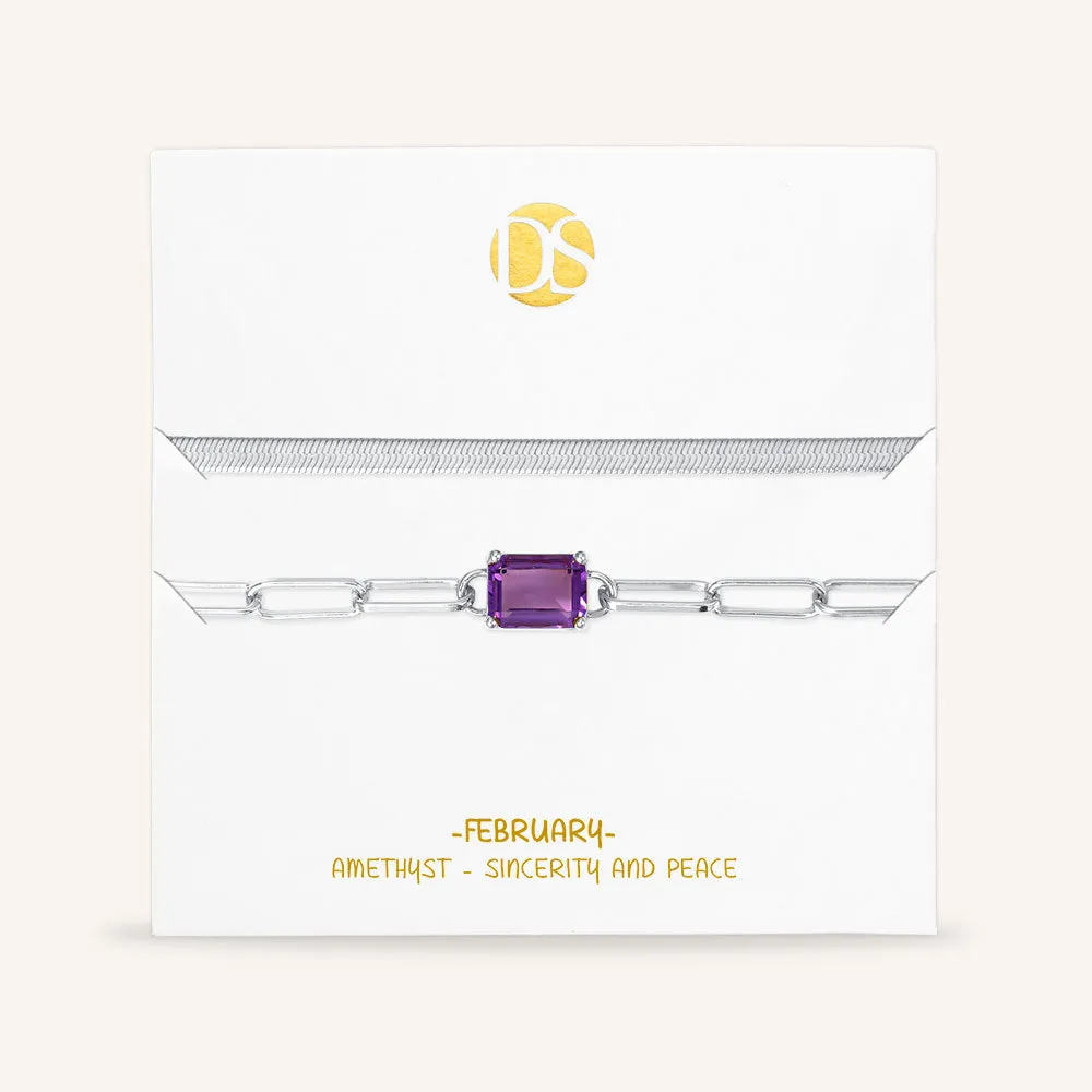 "Personal Touch" Set of Two Emerald Cut Birthstone Clip Chain & Herringbone Layering Bracelets