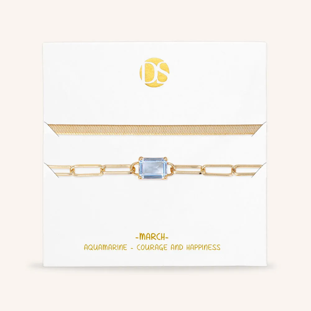 "Personal Touch" Set of Two Emerald Cut Birthstone Clip Chain & Herringbone Layering Bracelets