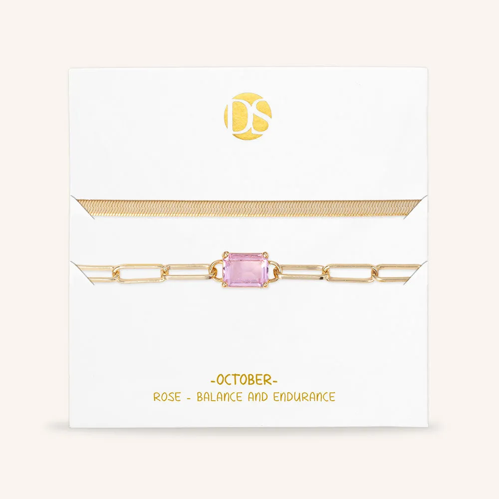 "Personal Touch" Set of Two Emerald Cut Birthstone Clip Chain & Herringbone Layering Bracelets