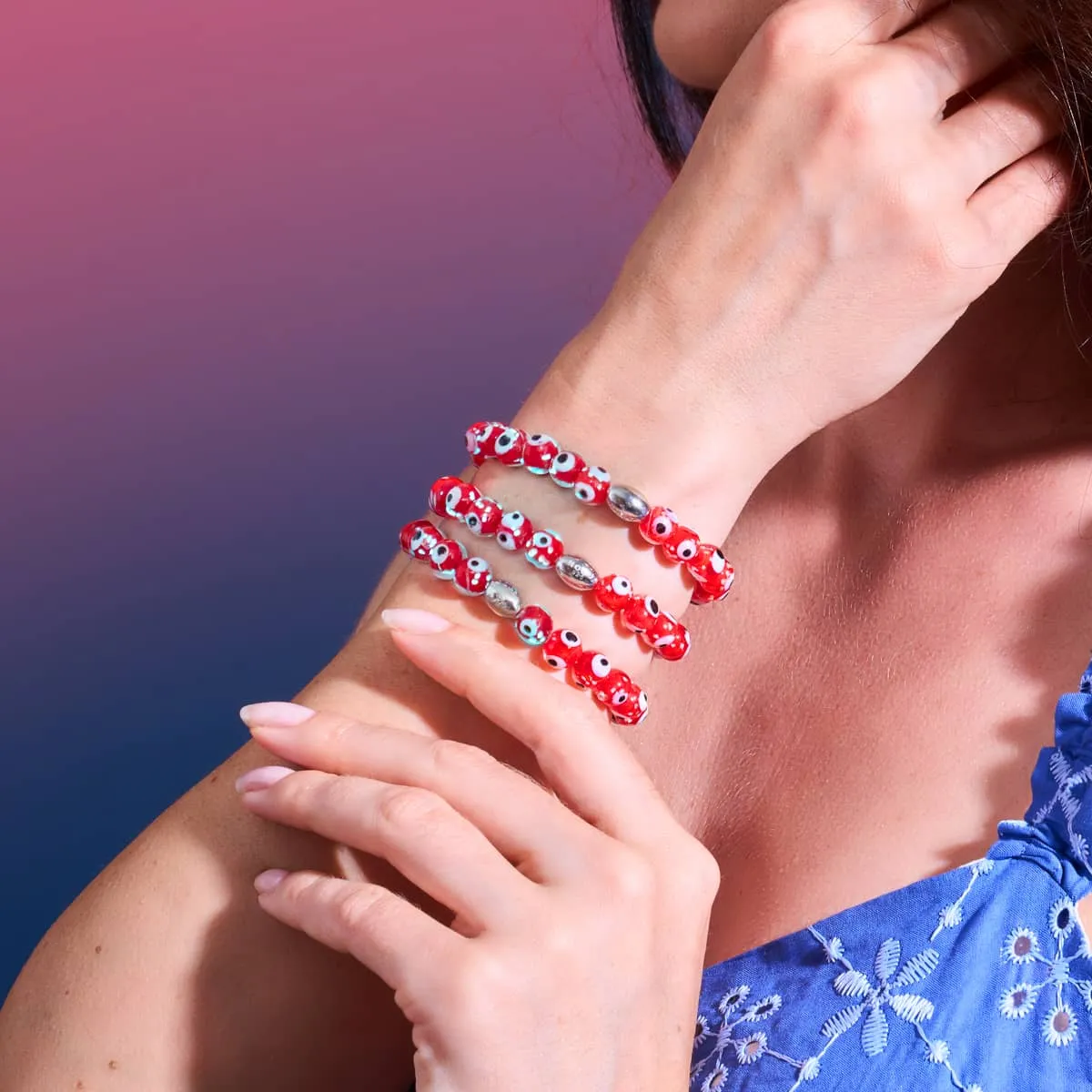 Red | .925 Sterling Silver | Firefly Glass Evil Eye Bracelet
