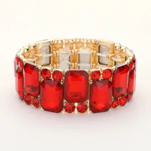 Red Crystal Square and Round Stone Cluster Stretch Pageant Bracelet | Red Evening Bracelet | 647860