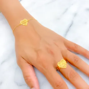 Regal Gleaming Netted Heart 21k Gold Bracelet W / Matching Ring
