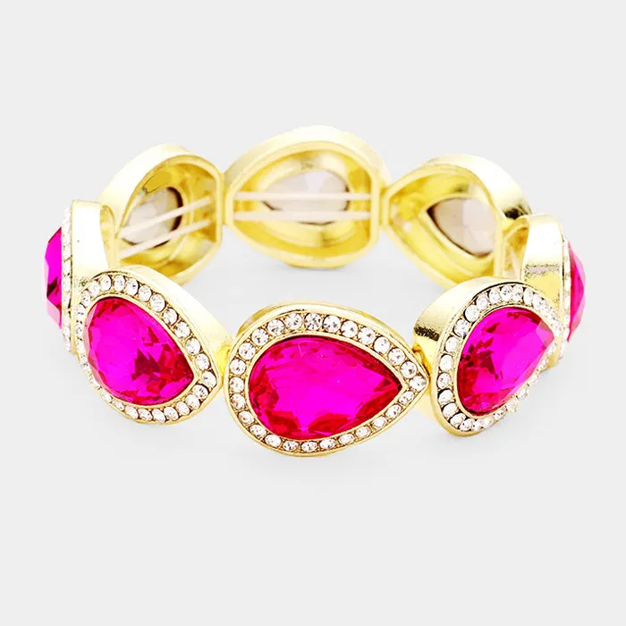 Rhinestone Trim Fuchsia Teardrop Crystal Stretch Pageant Bracelet on Gold | 425192