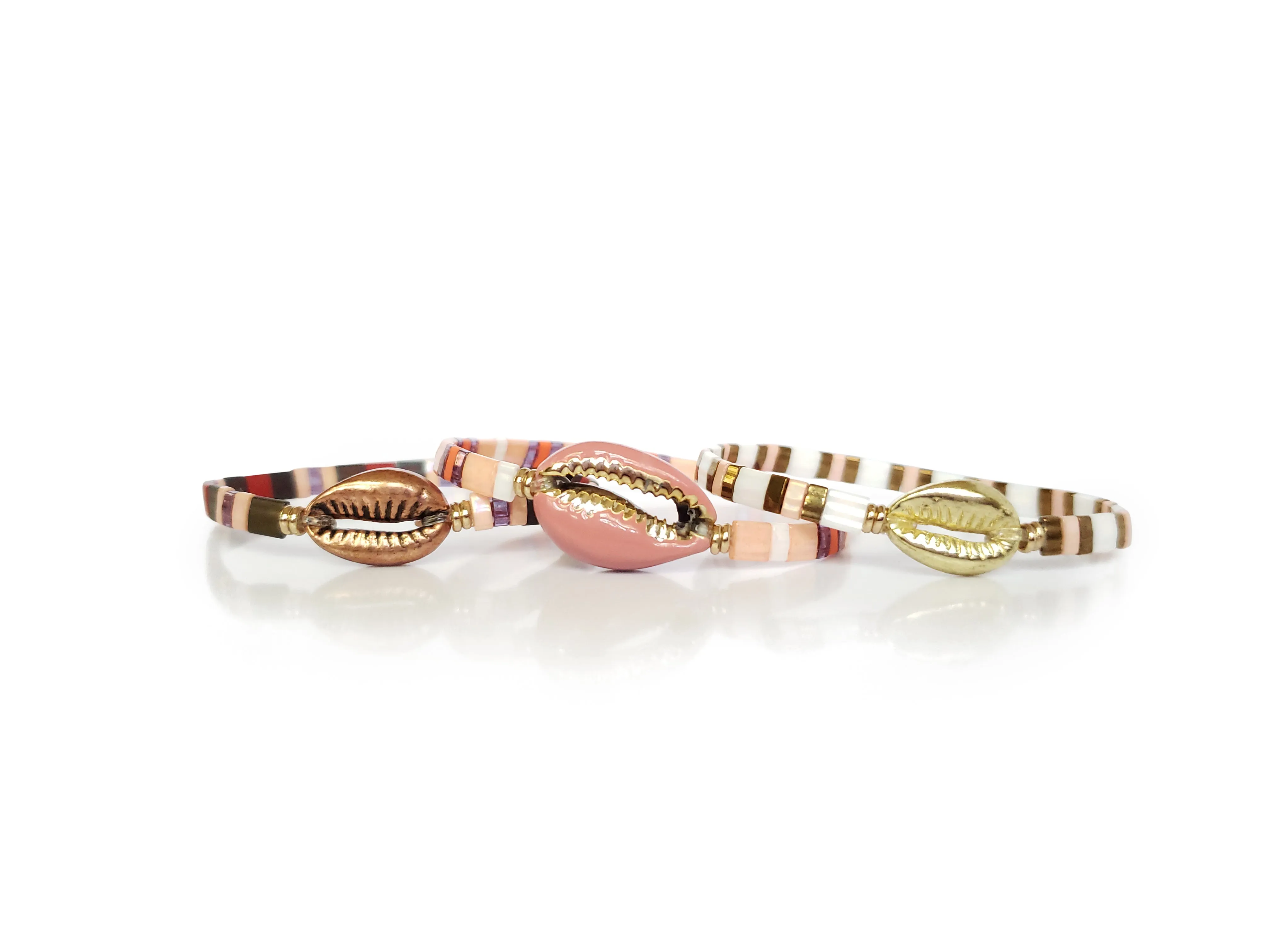 Rose Pink Cowrie Shell Stretch Bracelet Set of 3