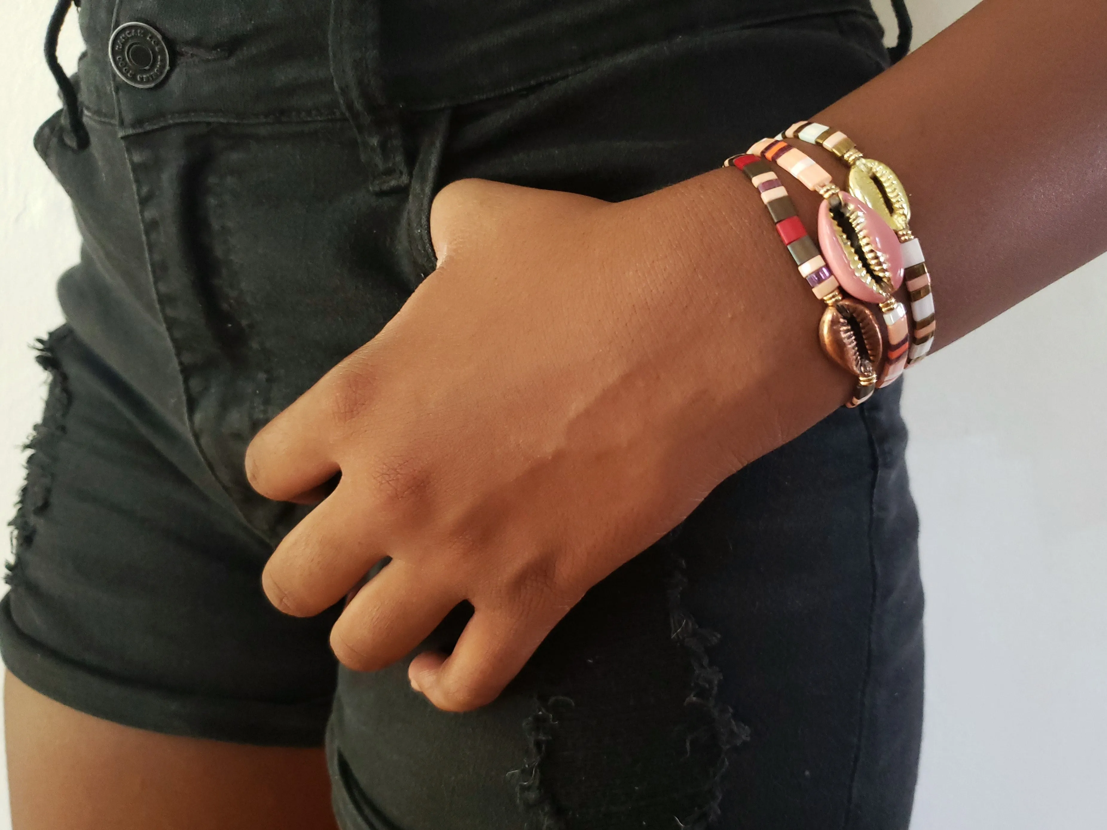 Rose Pink Cowrie Shell Stretch Bracelet Set of 3