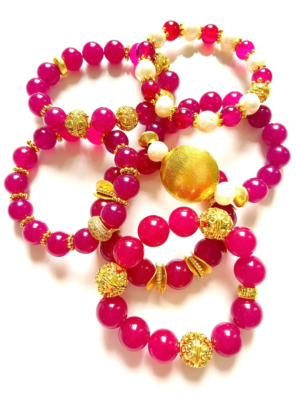 Rose Ruby Quartz Gemstone Beaded Statement Bracelet