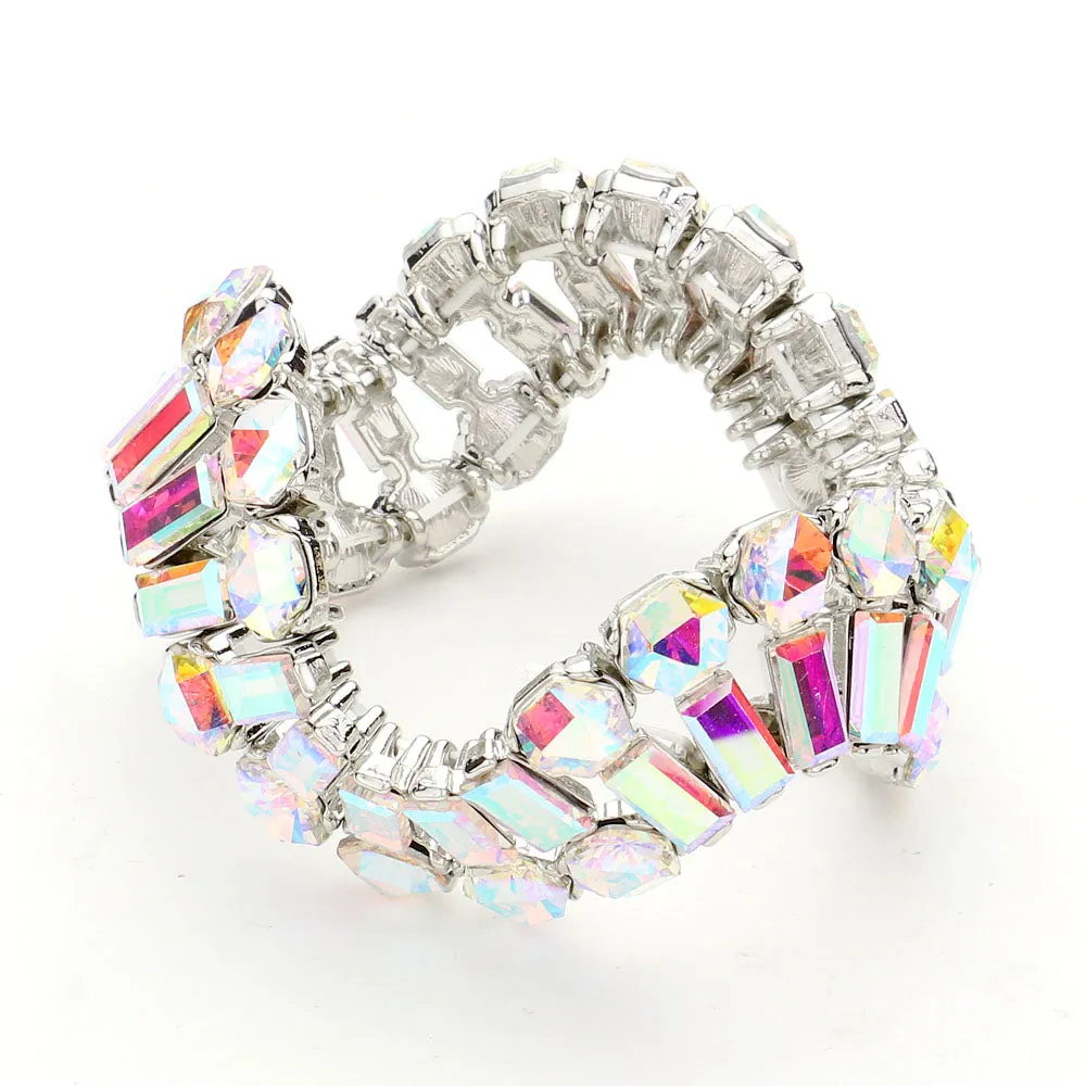 Round and Emerald Cut AB Crystal Wavy Stretch Pageant Bracelet on Silver | Prom Jewelry |  645264