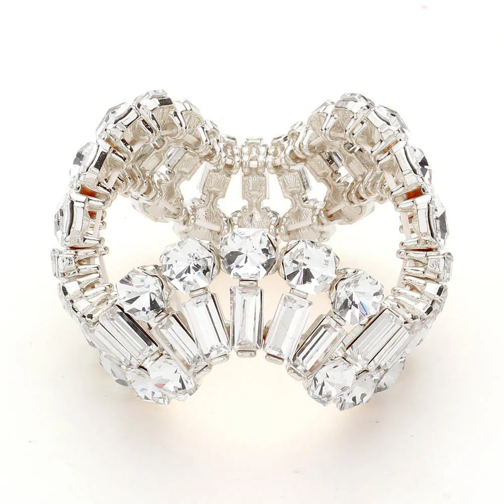 Round and Emerald Cut Clear Crystal Wavy Stretch Pageant Bracelet on Silver | Prom Jewelry |  645262