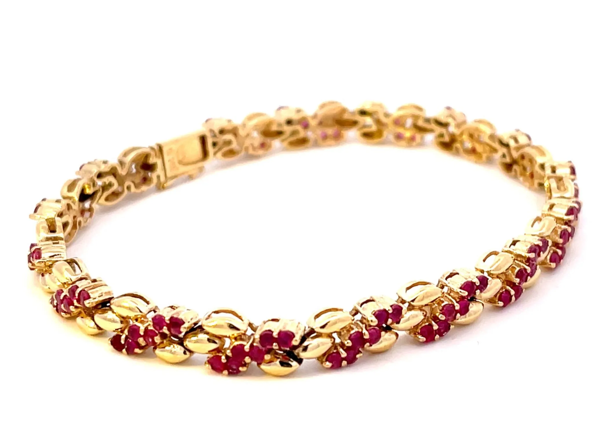 Round Red Ruby Gold Link Bracelet in 14k Yellow Gold