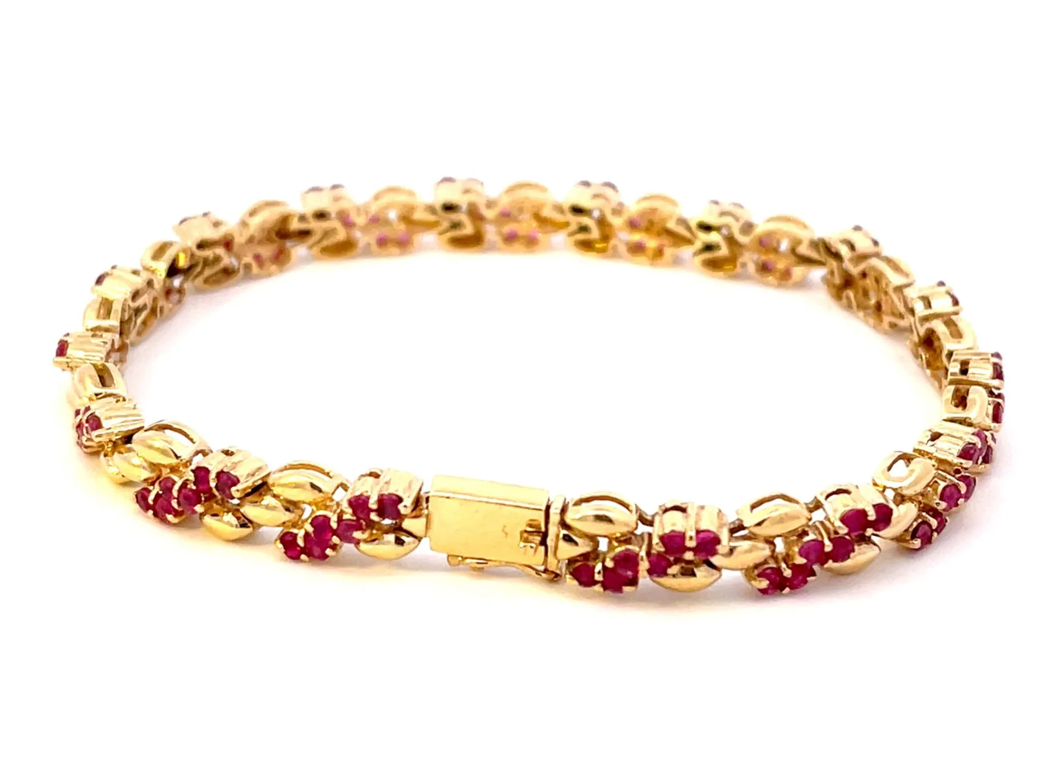 Round Red Ruby Gold Link Bracelet in 14k Yellow Gold