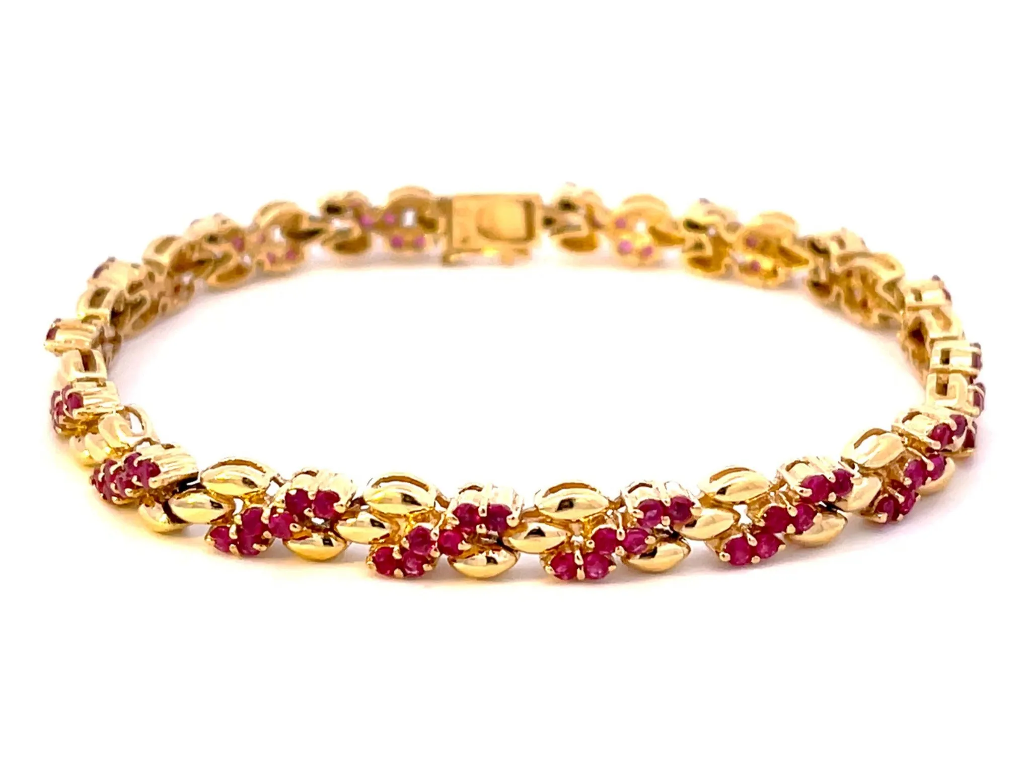 Round Red Ruby Gold Link Bracelet in 14k Yellow Gold