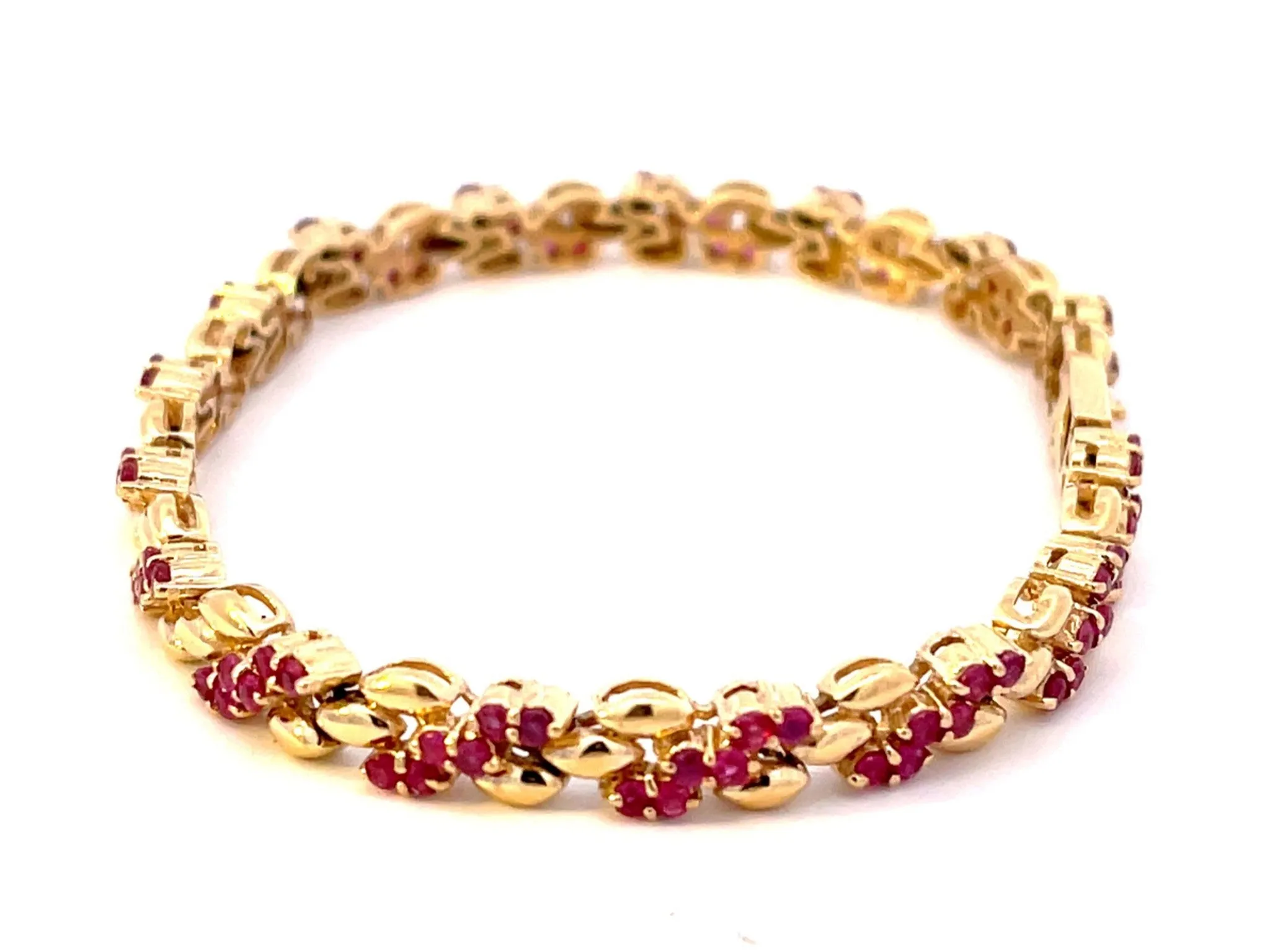Round Red Ruby Gold Link Bracelet in 14k Yellow Gold