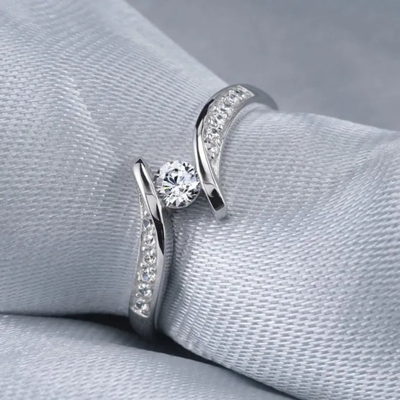 Round Shape Moissanite Engagement Ring/ Unique white gold Twisted Band/ Half Eternity band/ Wedding Anniversary band ring/ Gift For her