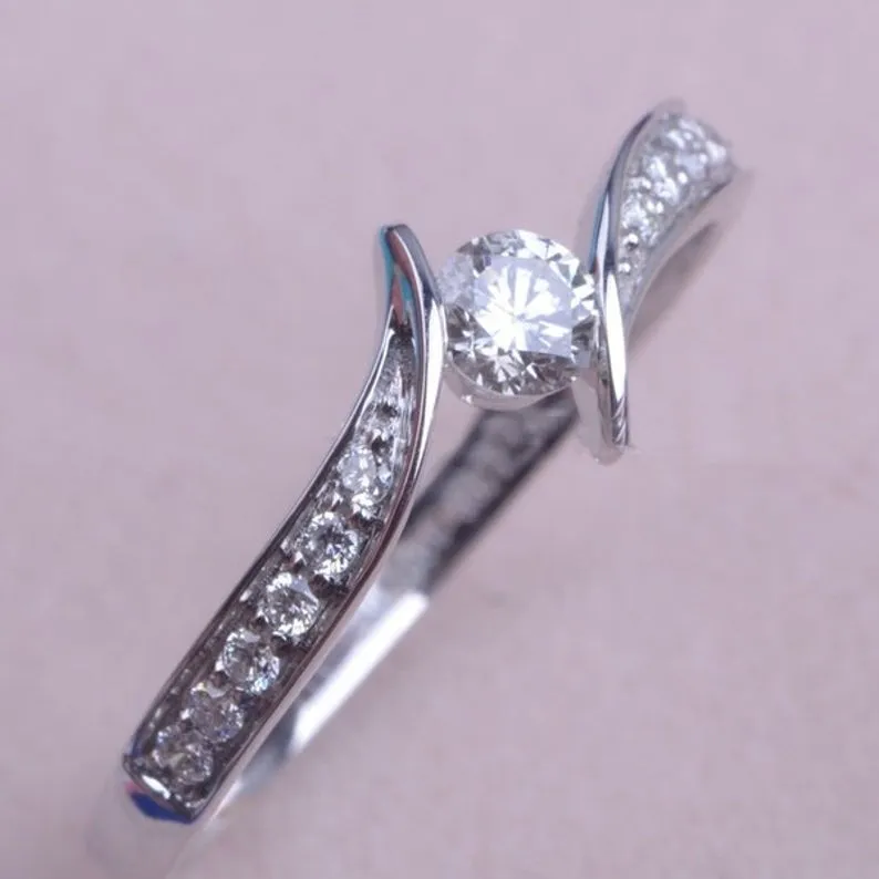 Round Shape Moissanite Engagement Ring/ Unique white gold Twisted Band/ Half Eternity band/ Wedding Anniversary band ring/ Gift For her