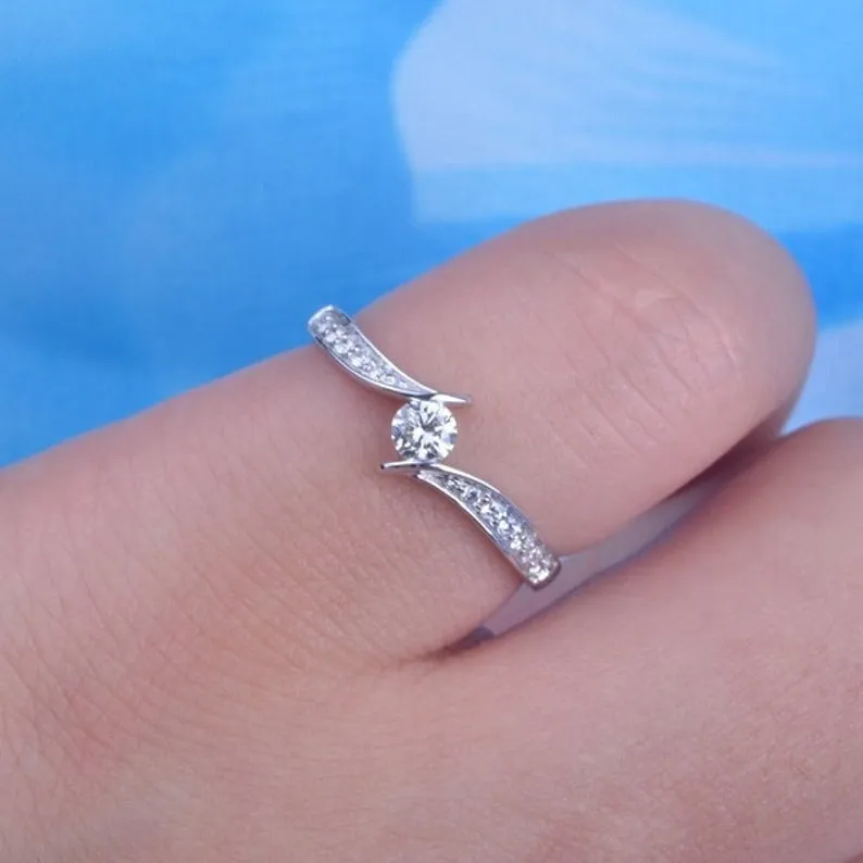 Round Shape Moissanite Engagement Ring/ Unique white gold Twisted Band/ Half Eternity band/ Wedding Anniversary band ring/ Gift For her