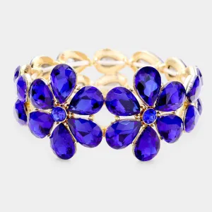 Royal Blue Crystal Floral Teardrop Prom Bracelet | Pageant Bracelet |  451418