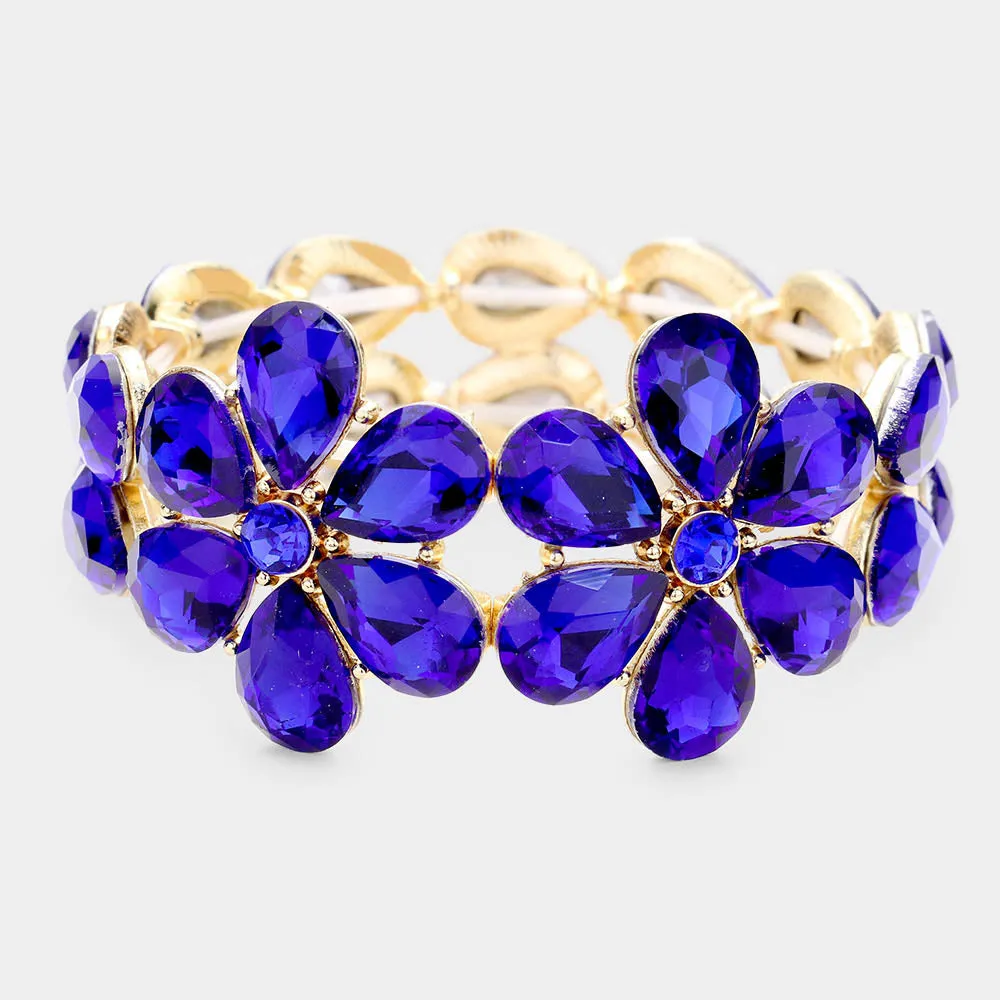 Royal Blue Crystal Floral Teardrop Prom Bracelet | Pageant Bracelet |  451418