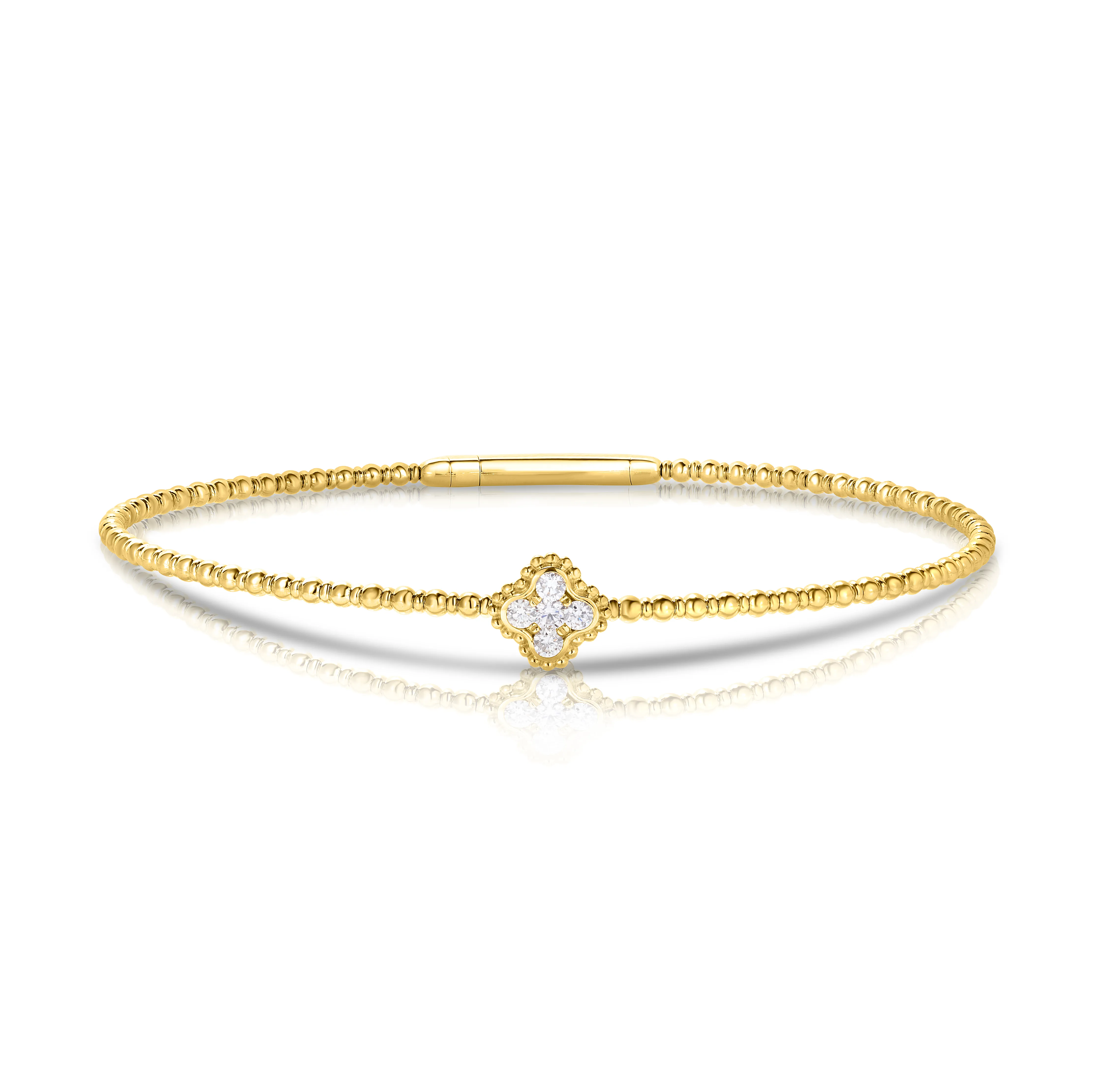 Sabel Collection Yellow Gold Beaded and Diamond Clover Bangle